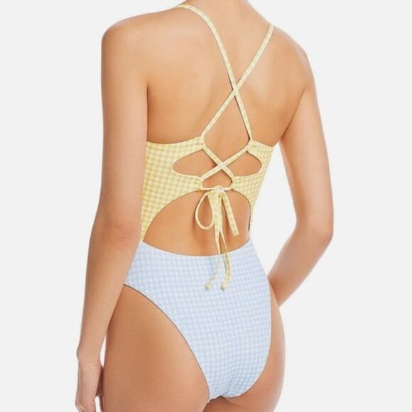 Aqua Swim Yellow Checkered Color Blocked Cut Out One Piece Swimsuit Sz S NWT - Picture 10 of 12